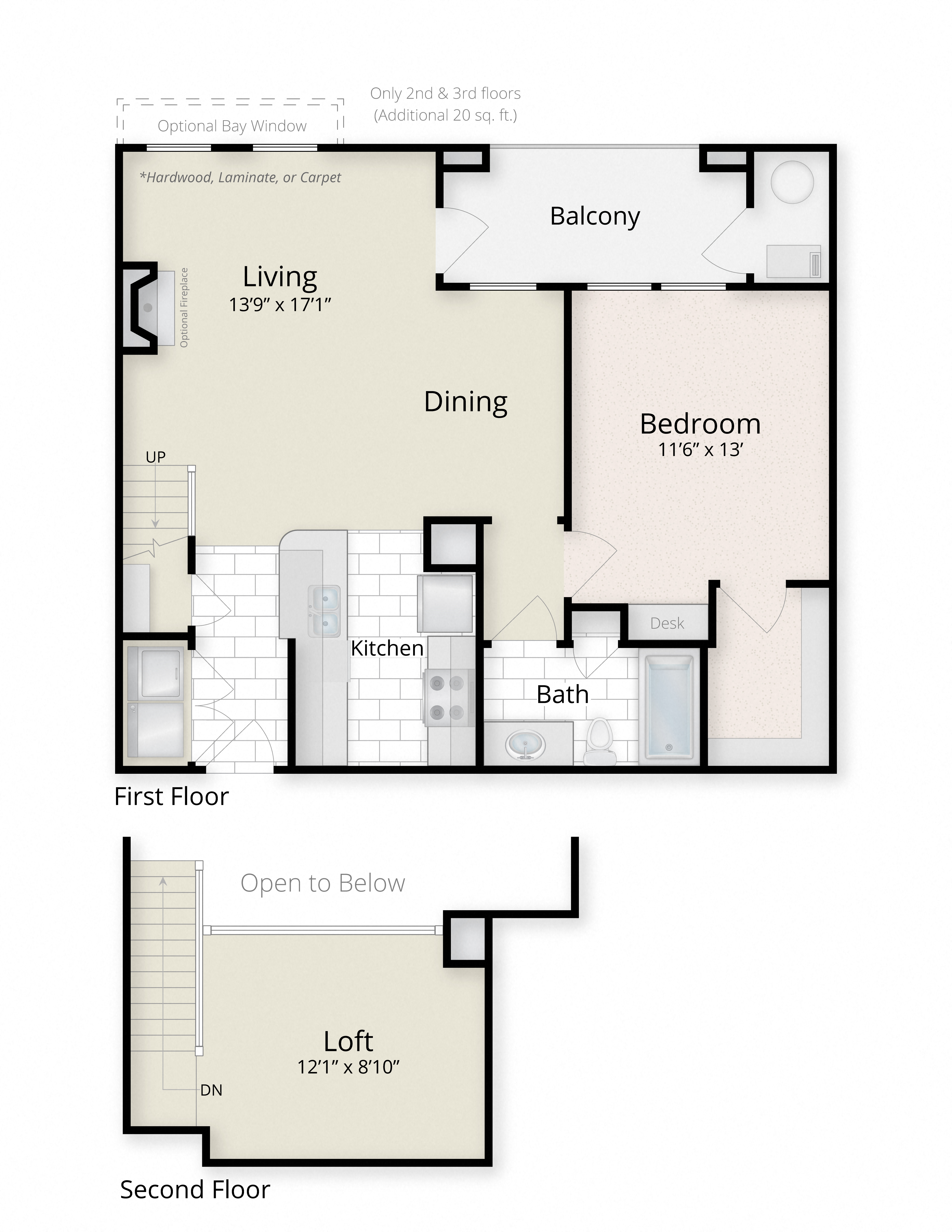 Floor plan for 1 bed, 1 bath, 812 sqft